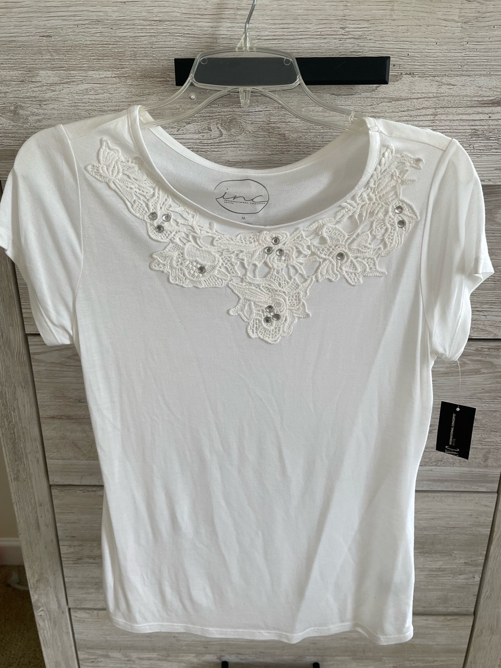 INC International Concepts White Crochet & Rhinestone Lace Neck Tee petite M NWT